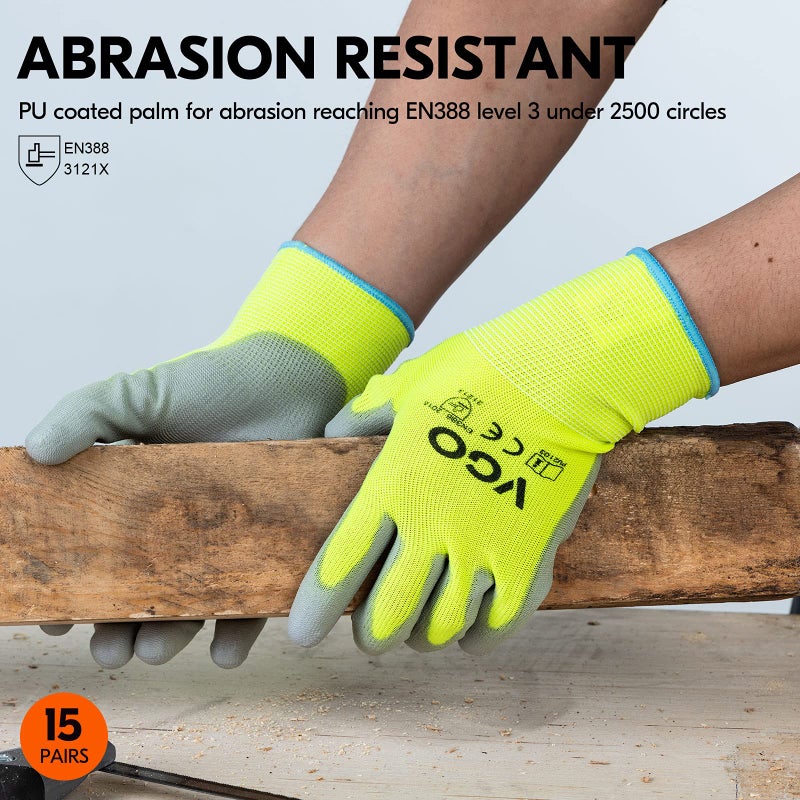 Vgo... 15-Pairs Safety Work Gloves, Gardening Gloves, Polyurethane Coated, Dipping Gloves, Latex Free (Size L, Yellow, PU2103) - Image 3